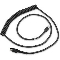 Black coiled Zebra USB cable for barcode reader with standard USB and micro-USB connectors.