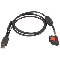 Black Zebra barcode reader cable with USB connector and red locking clip.