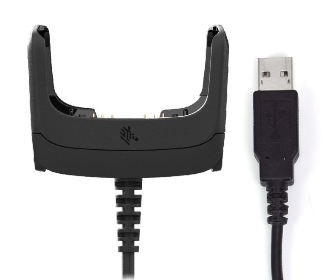 Black Zebra CBL-RFD49-USB1-01 mobile device charger with a USB connector, featuring a sturdy design and multiple contact points for RFID reader compatibility.