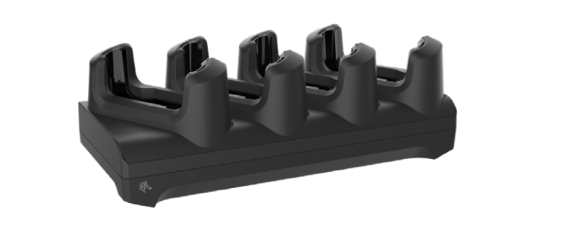 Black multi-slot battery charger designed for Zebra barcode reader batteries, featuring a sturdy plastic base with four charging docks.