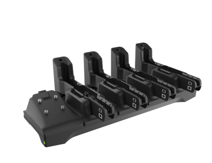 Black Zebra CRD-ET4X-4S10I1-01 mobile device charger with four slots for tablets, featuring a sturdy base and LED indicator lights for charging status.
