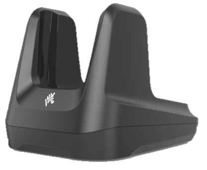 Black handheld mobile computer accessory with a sleek, ergonomic design, featuring a dual-slot for charging and a textured surface for grip.