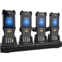 Black Zebra mobile device charger with four slots, each holding a black handheld computer with numeric keypad and screen.