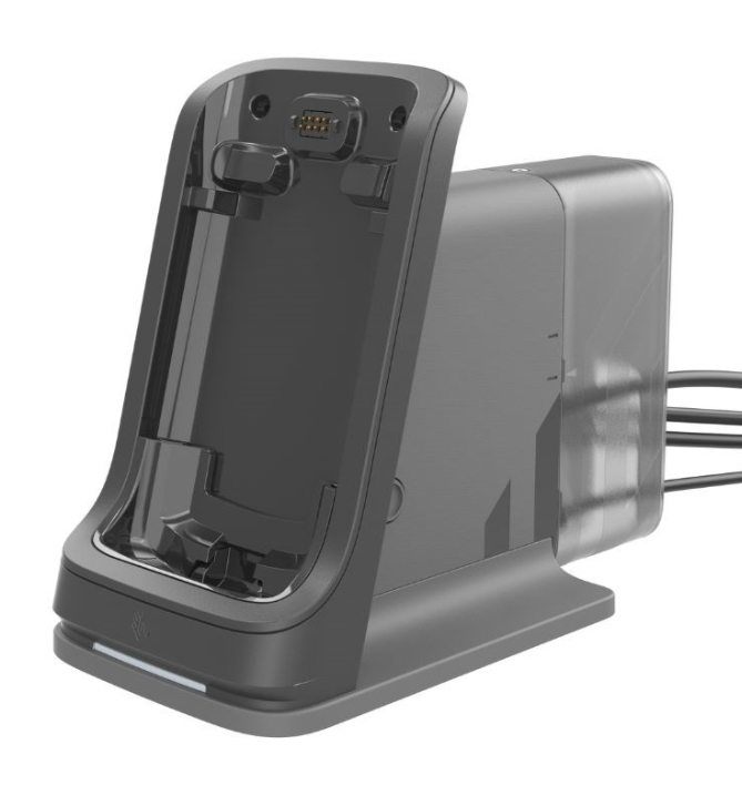 Mobile device dock station in grey, featuring a sturdy design with a charging port and cable connections, suitable for Zebra smartphones.