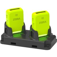 Black Zebra battery charger with two bright yellow battery slots for barcode reader batteries.