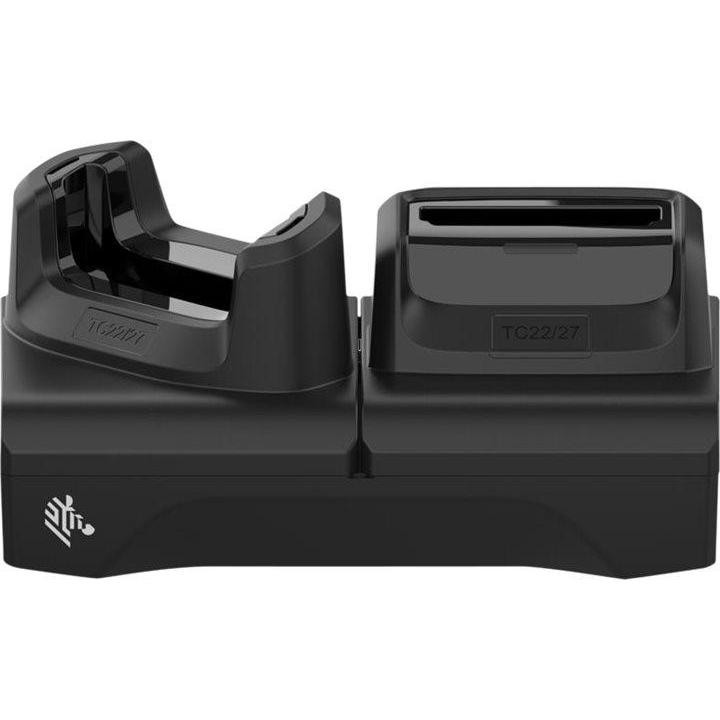 Black dual charging station for Zebra TC22 and TC27 devices, featuring two slots for a device and a spare battery, with a sleek, durable design and clear labeling.