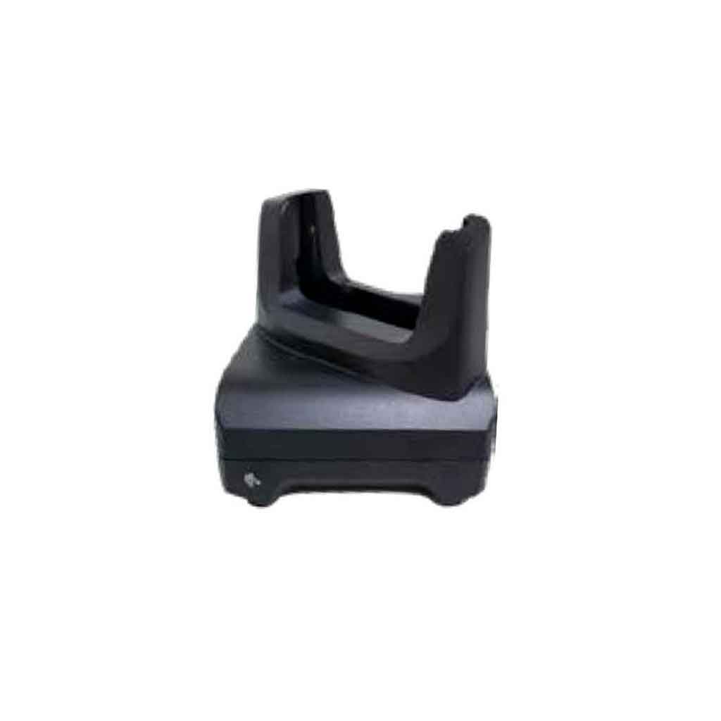 Black and gray battery charger designed for Zebra barcode readers, featuring a sleek, compact design with a slot for easy placement of the device.