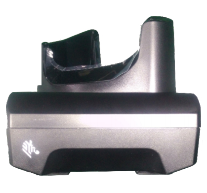 Black mobile device charger with a sleek design, featuring a curved slot for the device and a silver stripe along the front, made of durable plastic material.