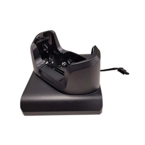 Black handheld mobile computer charging cradle with a sleek design, featuring a base and a contoured slot for secure device placement, accompanied by a power connector.
