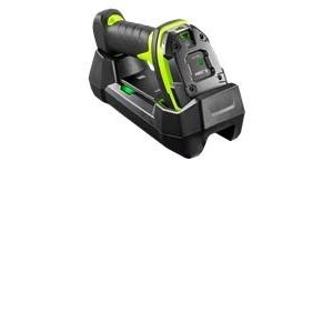 Handheld Zebra DS3678-ER barcode reader in black with green accents, featuring a rugged design for 1D/2D scanning, and a sturdy charging dock.