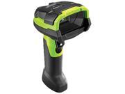 Handheld barcode reader featuring a black and green design, with a textured grip, LED indicator, and a wide scanning window for 1D and 2D barcodes.