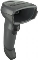 Black handheld barcode reader with a sleek design, featuring a large scanning window and ergonomic grip, capable of reading both 1D and 2D barcodes.