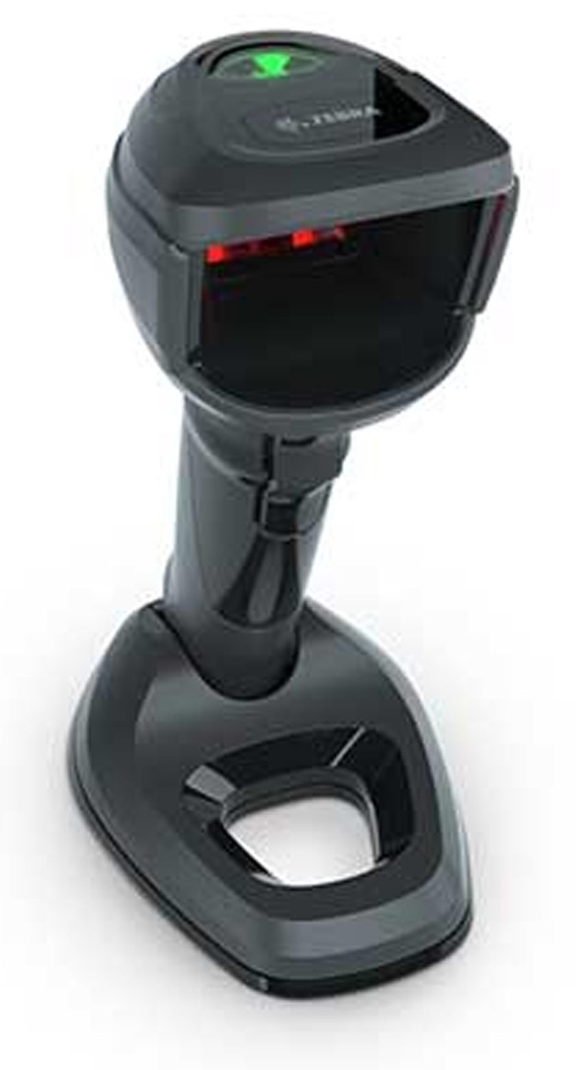 Black Zebra DS9908-SR handheld barcode reader with a sleek design, featuring a green LED indicator and a sturdy base for easy scanning of 1D and 2D barcodes.