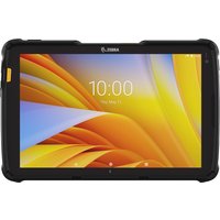 Rugged Zebra ET45 tablet with 10-inch display, black casing, yellow accents, and visible front camera.