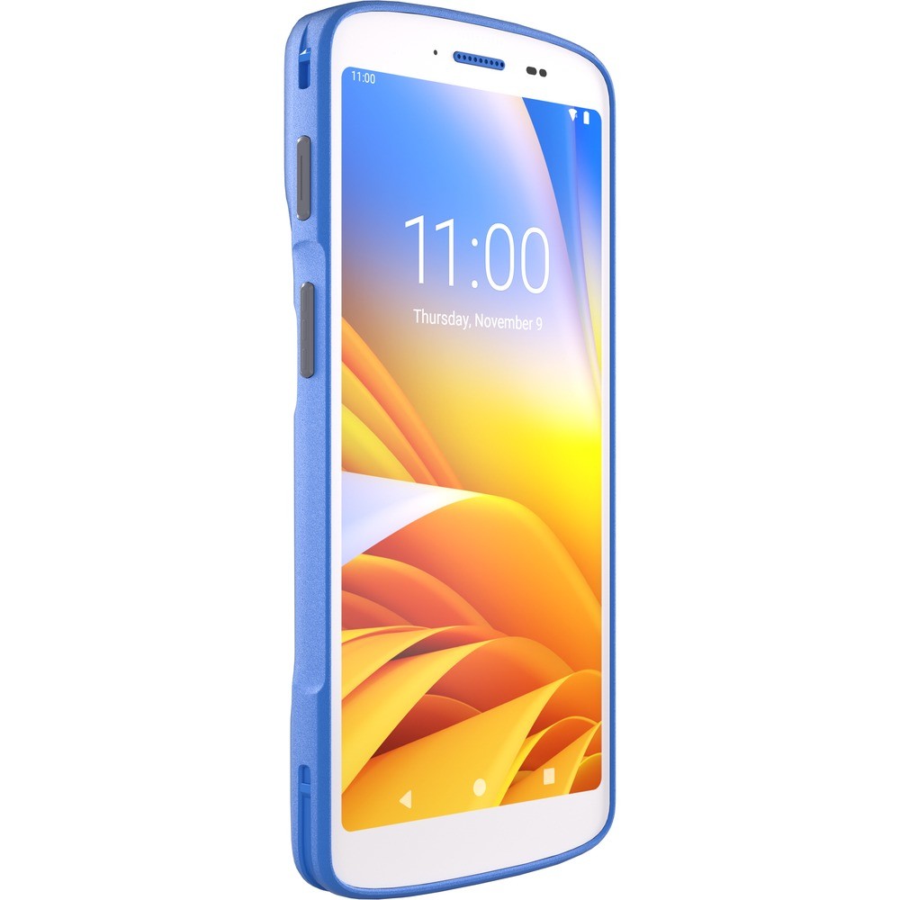 Zebra HC50 handheld mobile computer with a 6-inch display, featuring a sleek blue casing, side buttons, and a high-resolution screen of 1080 x 2160 pixels.