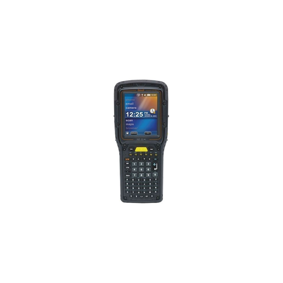 Black handheld barcode reader with a green accent, featuring a keypad, display screen, and a rugged design for durability, ideal for scanning 1D barcodes.