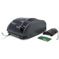 Gray Zebra printer/scanner cover with curved design, transparent top panel, and accompanying small green circuit board.