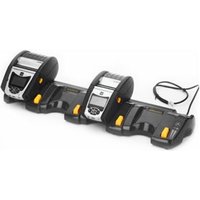 Black Zebra P1031365-047 printer/scanner accessory with three docking stations and yellow accents.