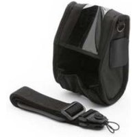 Black Zebra printer/scanner protective case with clear front panel and detachable strap.