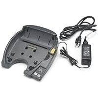 Black Zebra P1050667-020 printer accessory with curved base, multiple slots, and attached power cord.