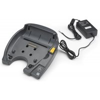 Black Zebra P1050667-026 barcode reader cradle with power adapter, featuring a curved design and multiple slots.