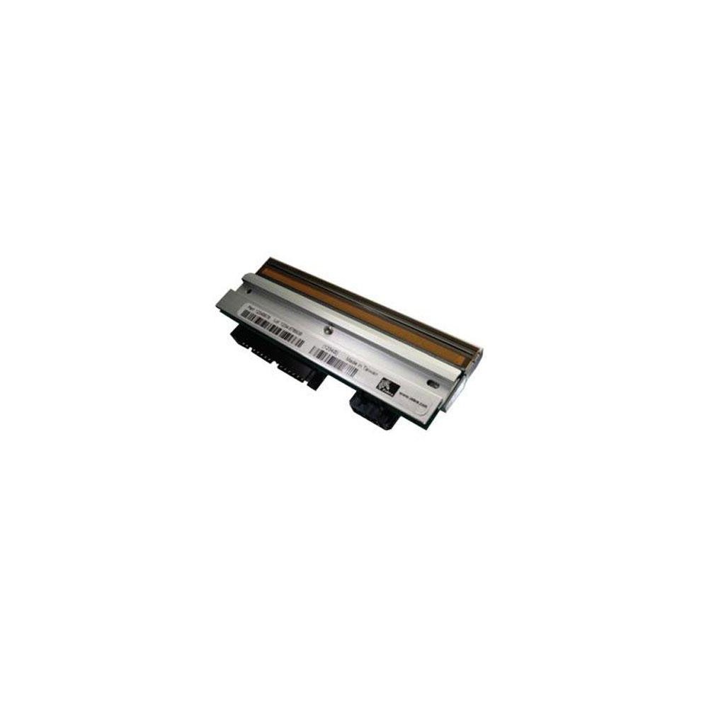 Zebra P1058930-011 print head in silver metal, featuring a gold thermal transfer strip, with a black connector and barcode label on the side.