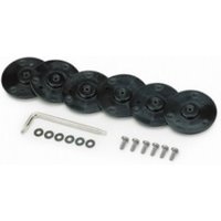 Black round Zebra printer parts with screws, washers, and hex key, set of six.