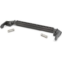 Black Zebra printer latch with two metal springs, rectangular shape, textured surface.