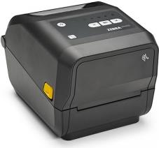 Black Zebra printer/scanner with a compact design, featuring a control panel with buttons and LED indicators, and a yellow cutter lever on the side.