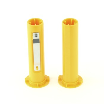 Two yellow plastic printer/scanner spare part adapters with a smooth finish and a metal clip on one side, designed for use with Zebra printers.