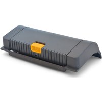 Gray Zebra printer/scanner dispenser spare part with ribbed texture and yellow latch.