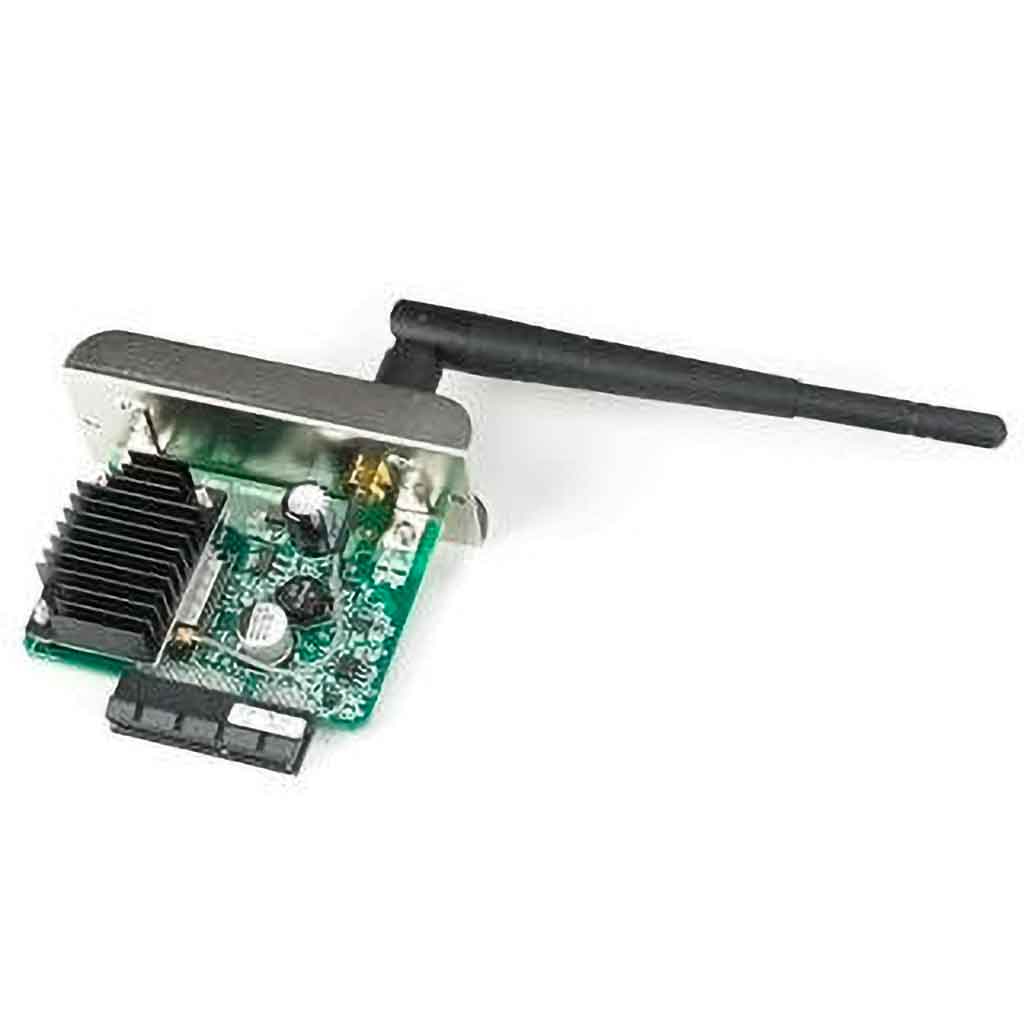 WLAN interface spare part for Zebra printers, featuring a green circuit board with a black heatsink and an antenna, designed for wireless connectivity.