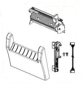 Zebra P1105147-020 printer/scanner peel-off kit featuring a gray plastic roller, a white separator, and metal components for efficient label dispensing.