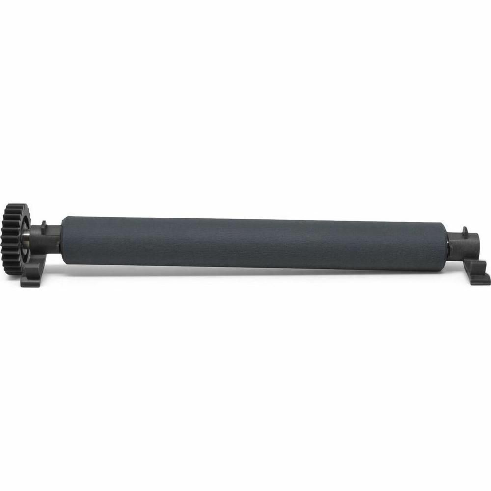 Black roller gear with a textured surface and a gear on one end, designed as a spare part for Zebra printers and scanners.