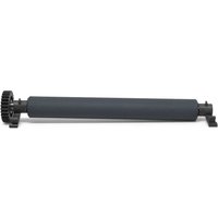 Black cylindrical Zebra printer roller with gear on one end and mounting brackets on both sides.