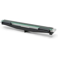 Zebra P1112640-218 print head, black and silver, elongated with connector pins and green strip on top.