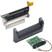 Zebra P1123335-042 printer upgrade kit with printhead, black plastic cover, and circuit board with cable.