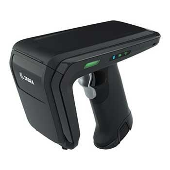 Black Zebra RFD40 RFID reader featuring a sleek design, ergonomic grip, Bluetooth and USB connectivity, with indicator lights on the top for easy operation.