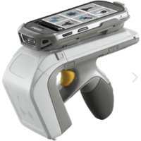 Grey Zebra RFD8500 handheld barcode reader with ergonomic grip and integrated mobile device holder.