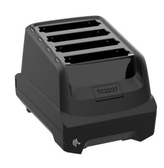 Black handheld battery charger with four slots, designed for Zebra mobile computer batteries, featuring a compact and sturdy design for efficient charging.