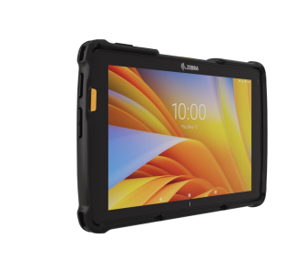 Black rugged tablet case designed for Zebra SG-ET4X, featuring a durable exterior, precise cutouts for buttons, and a screen protector for enhanced protection.