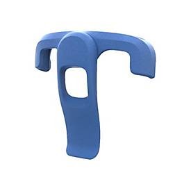 Blue handheld mobile computer accessory carrying clip with a sturdy design, featuring a T-shaped structure for secure attachment and easy handling.