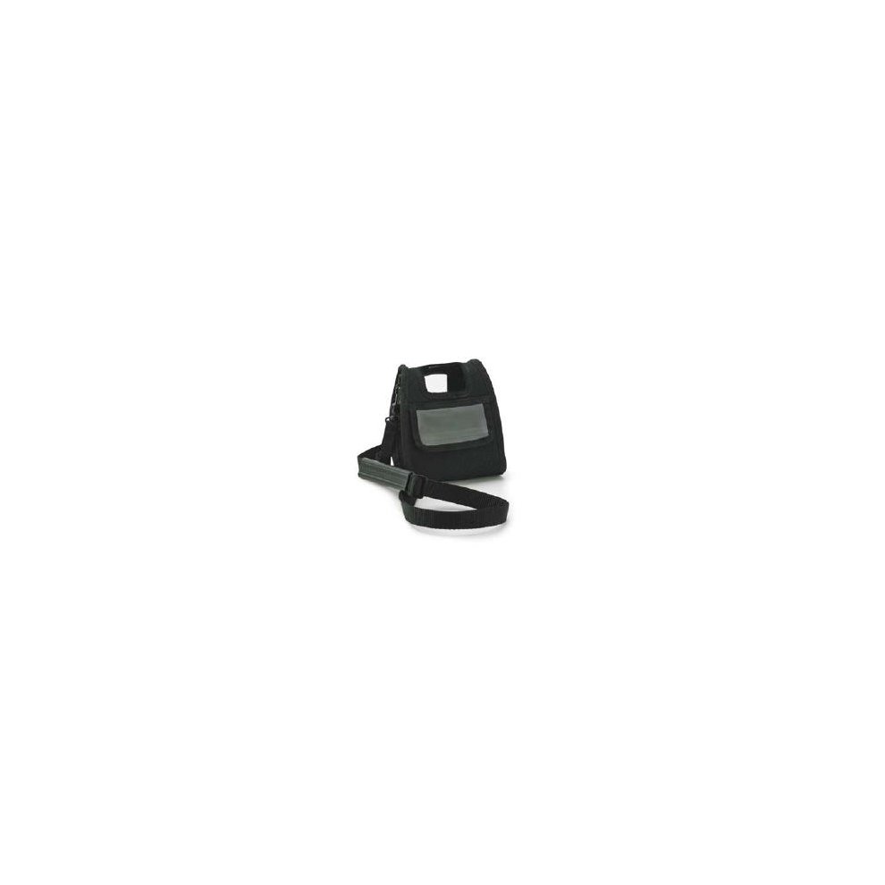 Rugged black handheld barcode reader accessory with a sturdy strap and a clear display window, designed for durability in various environments.
