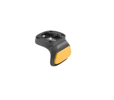 Black trigger assembly with a yellow button, designed for Zebra barcode readers, featuring a curved ergonomic shape for comfortable use.