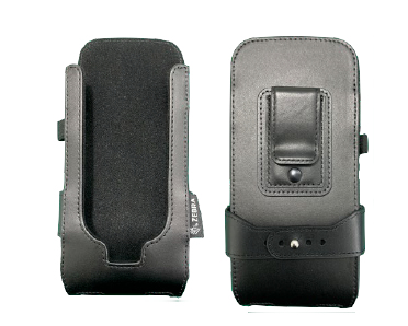 Black leather handheld mobile computer accessory with a secure belt clip, featuring a soft interior lining and a button closure for added protection.