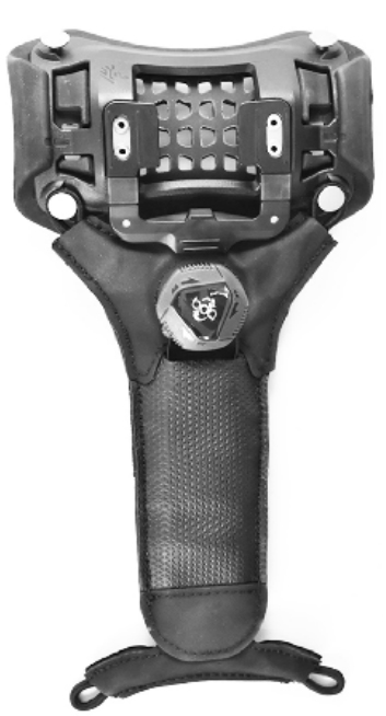 Black and gray accessory holder for barcode readers, featuring a textured grip, multiple mounting points, and a secure attachment mechanism.