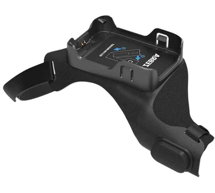 Black ergonomic handle accessory for Zebra barcode readers, featuring a textured grip and adjustable strap for secure handling.