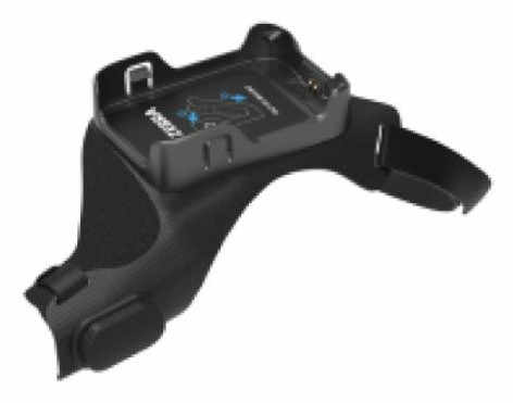 Black passive holder for a barcode scanner, featuring a textured grip, adjustable strap, and a secure docking area for the scanner, designed for ergonomic use.