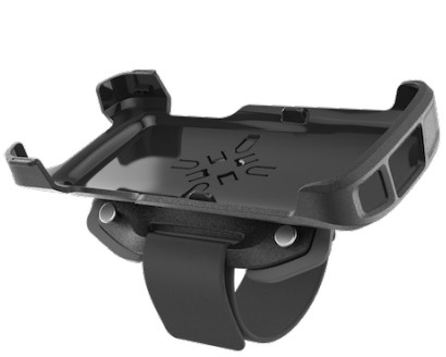 Black hand strap accessory for Zebra barcode readers, featuring a sturdy plastic holder with a secure strap and cutouts for easy access and attachment.