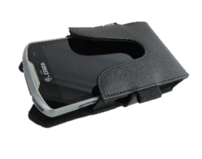 Black fabric holster designed for Zebra barcode readers, featuring a secure closure and a snug fit for the device, with a sleek, professional appearance.